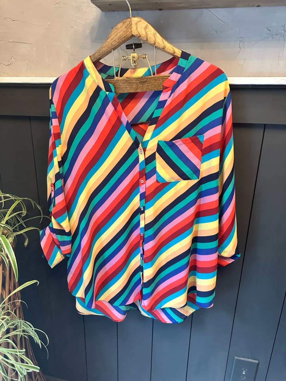 Simply‎ Emma Multicolor Long Sleeve Striped V-Neck Button Front Women's Top 2X